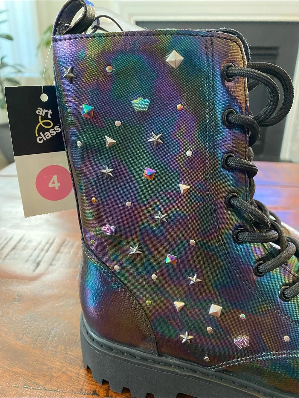 Art Class Iridescent Rainbow Combat Boots with Stud Accents